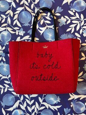 Kate Spade RARE "Baby It's Cold Outside" Red + Black Wool/Leather Large Tote